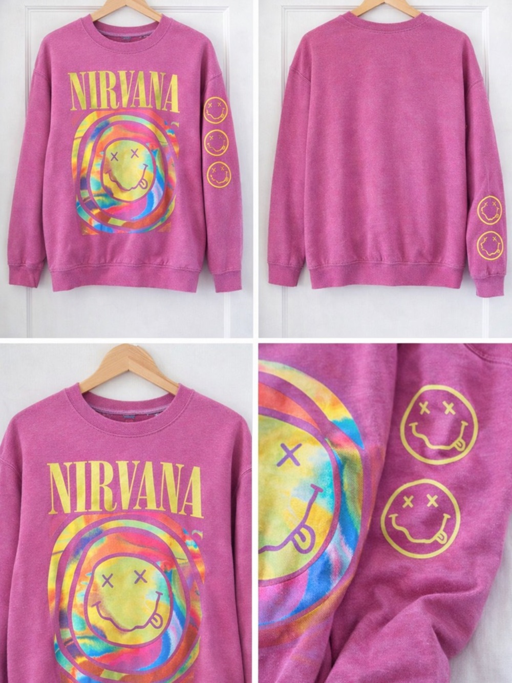 NIRVANA Magenta Tie-Dye Smiley Logo Crewneck
